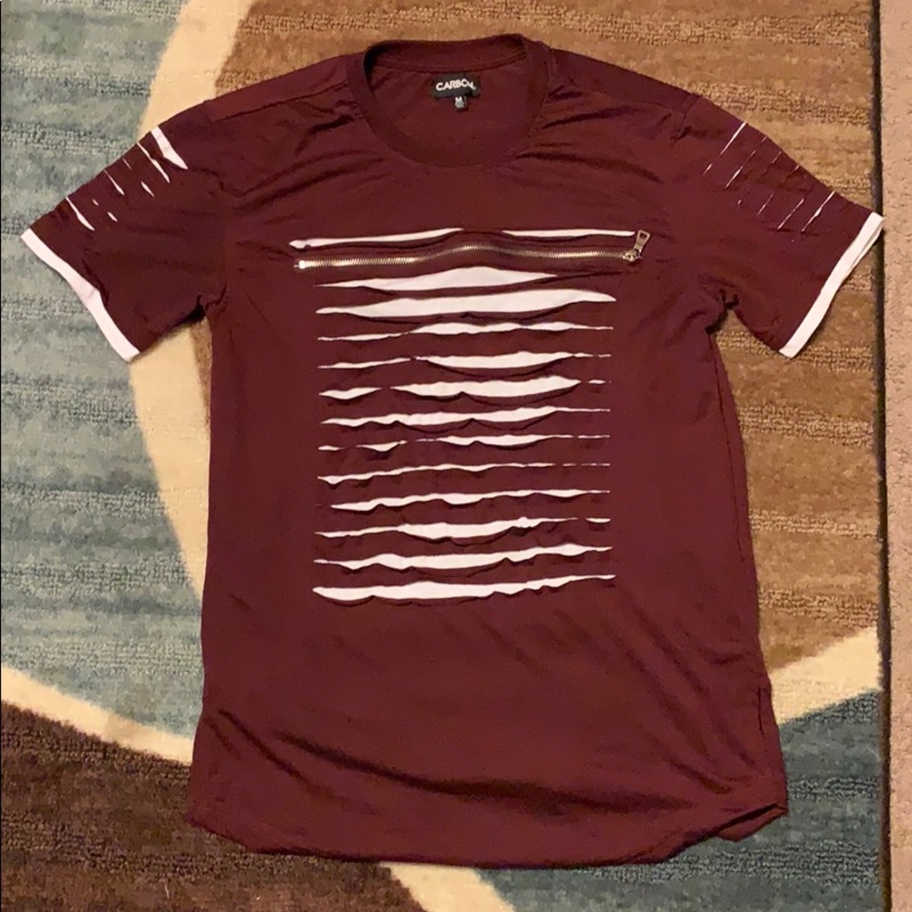 Multi-Rip Burgundy Shirt + Zipper In Front